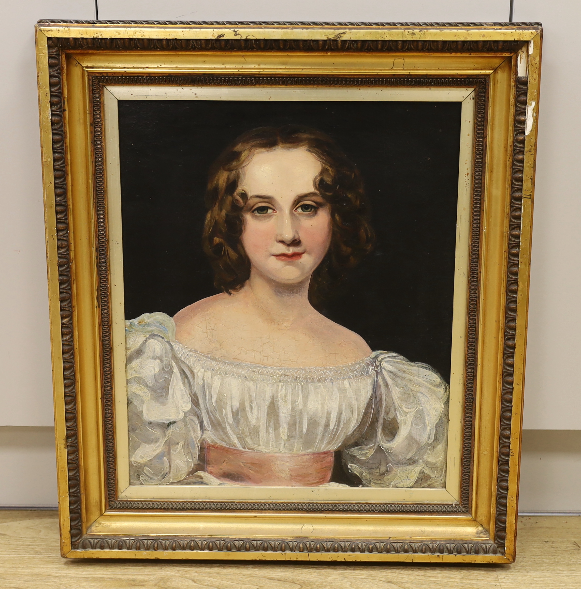 20th century English School, oil on canvas, Portrait of a young girl wearing Victorian dress, 50 x 42cm
